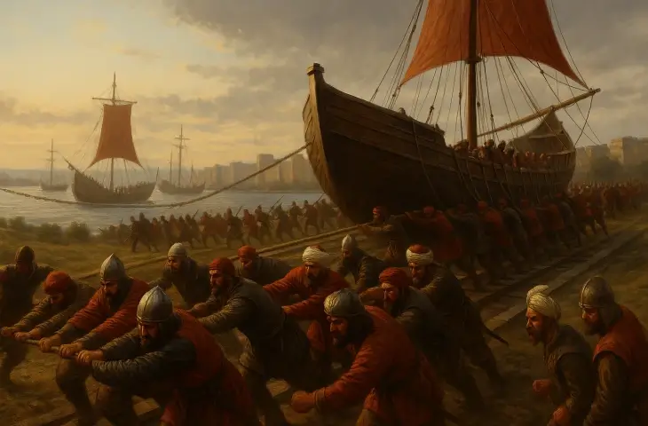 Karanlıkta meşaleler eşliğinde Osmanlı askerlerinin kızaklar üzerindeki gemileri karadan Haliç’e doğru çektiği sahne.